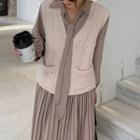 Set: Long-sleeve Accordion Pleat Midi Dress + Cable Knit Vest