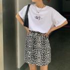 Short-sleeve Lettering T-shirt / Leopard Print A-line Denim Skirt