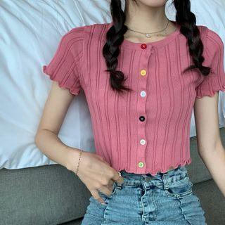 Short Sleeve Frill Trim Button-up Cropped Cardigan
