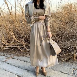 Ruched Satin Maxi Dress Beige - One Size