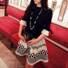 Set: Elbow-sleeve Knit Top + Printed A-line Skirt