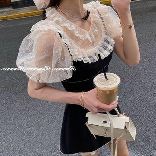 Short-sleeve Mesh Blouse / Spaghetti Strap Mini A-line Dress