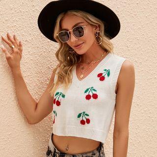 Cherry Print Cropped Sweater Vest
