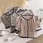 Colour-block Plaid Puff-sleeved Top