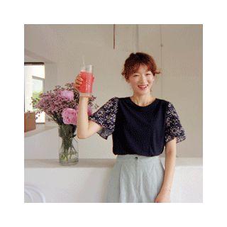 Round-neck Printed-sleeve Top