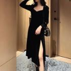 Long-sleeve Side-slit Midi A-line Dress