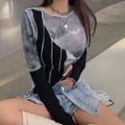 Long-sleeve Asymmetrical Crop Top Black & Gray - One Size