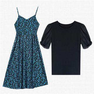 Spaghetti-strap Floral Print Midi A-line Dress / Puff-sleeve Top