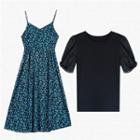 Spaghetti-strap Floral Print Midi A-line Dress / Puff-sleeve Top