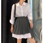 Set: Plain Mini Shirtdress + Pinstriped Pleated A-line Wrap Skirt Set - Dress - White - One Size / A-line Skirt - Pinstripe - Gray - One Size