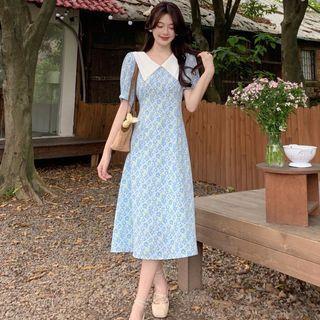 Peter Pan-collar Panel Short-sleeve Printed Dress