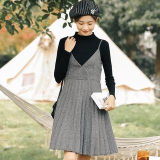 Herringbone Accordion Pleated Pinafore Dress