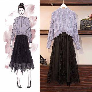 Set: Fringe Sweater + Fringe A-line Midi Mesh Skirt