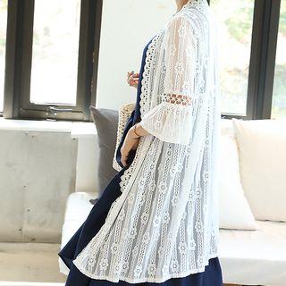 Open-front Laced Robe Cardigan Ivory - One Size