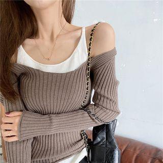 Mock Two Piece Long-sleeve Off-shoulder Knit Top