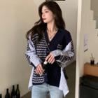 Long-sleeve Curve Striped Knit Panel Shirt