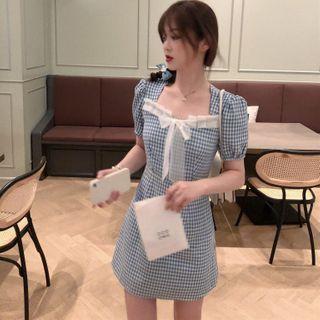 Gingham Short-sleeve Bow Mini A-line Dress