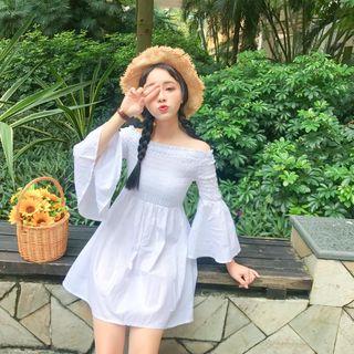Pinstriped Off Shoulder Long Sleeve Dress