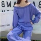 Set : Striped Long-sleeved Sweater + High Waist Pants