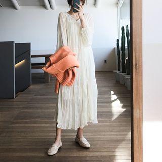 Bishop-sleeve Crinkled Long Dress