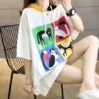 Oversize Hooded Elbow-sleeve Printed T-shirt