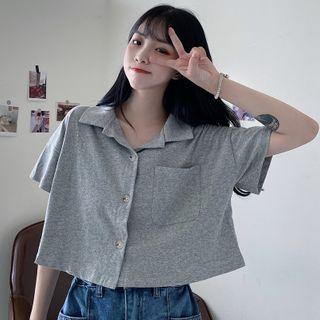 Front Pocket Short-sleeve Cropped Blouse