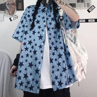 Couple Matching Short Sleeve Star Print Shirt Blue - One Size