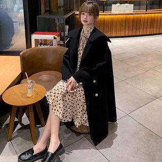 Plain Woolen Long Coat / Long-sleeve Floral Print Midi Dress
