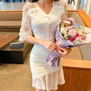 Set: Elbow-sleeve Lace Top + Skirt