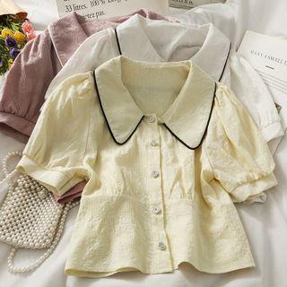 Contrasted-trim Puff-sleeve Crop Shirt In 5 Colors