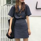 Set: Short-sleeve Lapel Collar Shirt + A-line Skirt