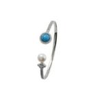 925 Sterling Silver Simple Fashion Geometric Round Freshwater Pearl Open Bangle Silver - One Size