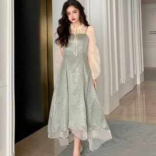 Spaghetti Strap Midi Glitter Dress / Long-sleeve Top