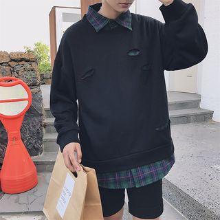 Mock-two-piece Paneled Distressed Pullover