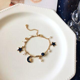 Moon & Star Faux Pearl Alloy Bracelet Gold - One Size