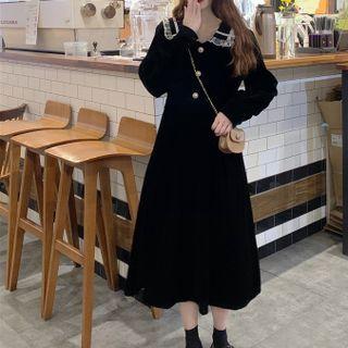 Long-sleeve Wide-collar Frill Trim Midi A-line Velvet Dres
