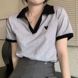 Short-sleeve Heart Embroidered V-neck Polo Shirt