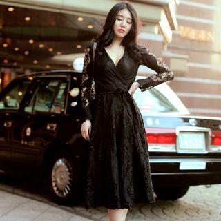 Deep V-neck Long-sleeve Midi Lace A-line Dress