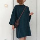 Striped 3/4-sleeve T-shirt Dress Stripe - Dark Green - One Size