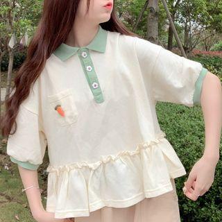 Contrast Trim Short-sleeve Polo Shirt As Shown In Figure - One Size