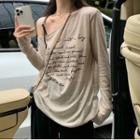 Long-sleeve Cold-shoulder Lettering T-shirt Khaki - One Size