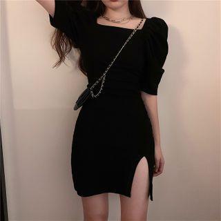 Plain Puff-sleeve Slit Mini Bodycon Dress