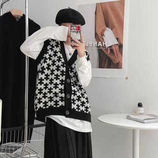 Chessboard Pattern Knit Tank Top Cardigan