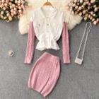 Set Of 2 : Denim Panel Knit Long-sleeve Top + Plain Knit Skirt