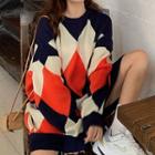 Oversized Argyle Sweater As Shown In Figure - One Size