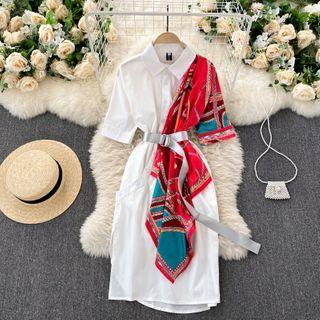 Set: Short-sleeve Midi A-line Shirtdress + Print Shawl