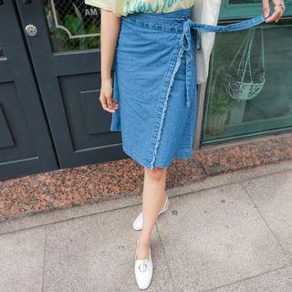 Fringe-hem Denim Wrap Skirt