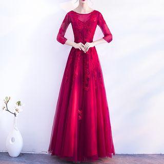 3/4-sleeve Lace Appliqu  A-line Evening Gown