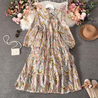 Long-sleeve Patterned Tiered Midi Dress Pink & Yellow - One Size