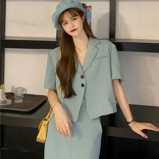 Set: Short-sleeve Plain Cropped Blazer + Midi Pencil Skirt